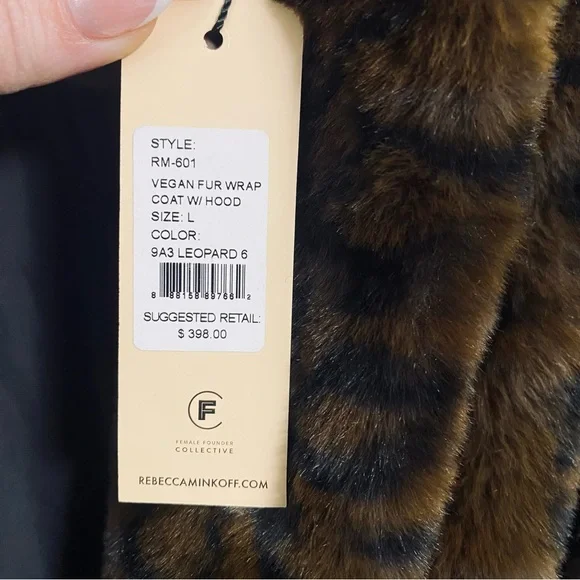 Rebecca Minkoff NWT Leopard Vegan Faux Fur Wrap Belted Coat With Hood Size Large - Picture 4 of 12